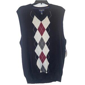 Club Room Men's Black Argyle Cotton Sweater Vest Sz L Preppy Grandpa Classic NEW
